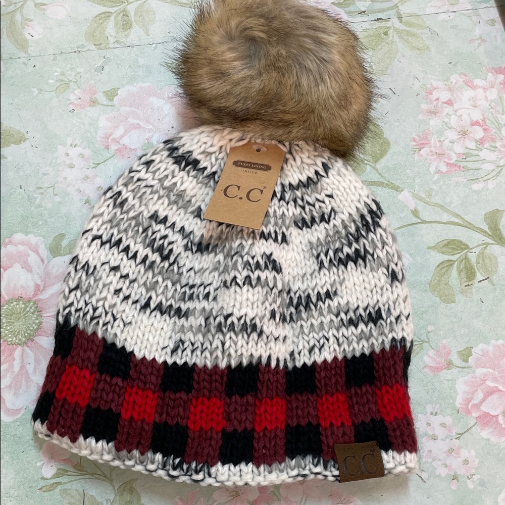 C.C woman’s Plaid Pom Pom Beanie - Black, Red, White